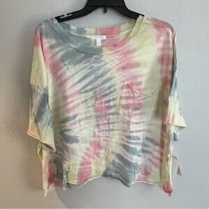 New Abound Pastel Pink Blue Yellow Cropped Crew Neck Tee Shirt Women’s size M